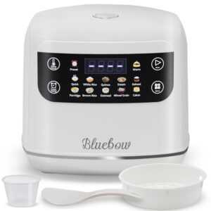 Bluebow Digital Rice Cooker, 6-Cup/2.1QT Small Rice Maker, 10 Presets, 24-Hour Delay Timer & Keep Warm, Non-Stick Inner Pot, White