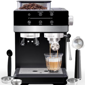 Bluebow Espresso Machine with Grinder, 20Bar Semi-Automatic Coffee Maker with Milk Frother, Professional Cappuccino Latte Machine for Home, Office