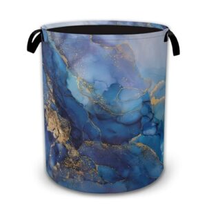 Blue Gold Marble Laundry Basket,Flowing Collapsible Laundry Baskets with Handles,Waterproof Oxford Cloth Hamper,Storage Organizer for Bathroom Bedroom Dorm