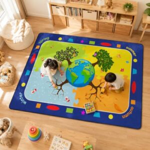 Blue Kids Rugs for Playroom, Earth Trees of Four Seasons Educational Rugs | 5' x 7', Non-Slip, Soft, Earth Day Educational Play Rug for Kids, Carpet for Preschool, Elementary, Classroom