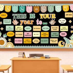 Boho Motivational Bulletin Board Set – This is Your Year Retro Classroom Decor – Inspirational Welcome Back to School Cutouts for Chalkboard, Wall, Door & Office Supplies