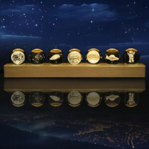 BOLGRLONG 3D Crystal Ball, 7 Planetary Crystal Balls with LED Lamp Holders, Wooden Base Ball Ornament, Educational Astronomy Gift for Friends, Kids, and Space Enthusiasts