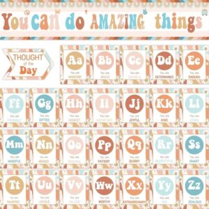 Bulletin Board Letters -ABC Alphabet with Growth Mindset Posters, Retro Groovy Boho Daisy Floral Resource Motivational Banner English Learning Poster School Classroom Wall Decor for Preschool Supplies