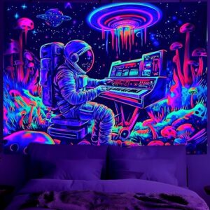 BVBOX Astronaut Space Blacklight Tapestry 90"x70", UV Reactive Astronaut Electronic Piano Universe Galaxy Planet Glow in Dark Music Tapestries, Black Light Neon Upright Poster Wall Hanging Backdrop Decor for Bedroom Living Room