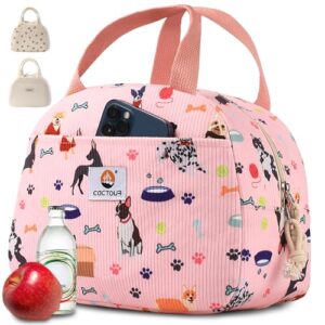 CaCTOUR Lunch Box for Women Girls Teens,Cute Lunch Box Cooler Bag, Portable Insulated Small Lunch Bag Women Reusable Corduroy Lunch Tote for Work/Travel/Picnic/School (Dog Pink,Small)