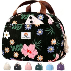 CaCTOUR Lunch Box for Women Girls Teens,Cute Lunch Box Cooler Bag, Portable Insulated Small Lunch Bag Women Reusable Corduroy Lunch Tote for Work/Travel/Picnic/School (Black Flower)