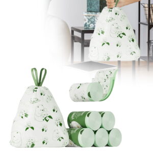 Camellia Scented Trash Bags With Bear & Flowers Pattern 1Roll 30Pcs 13 Gallon Drawstring Garbage Bags Sturdy Deodorizing Trash Basket Bags(White)