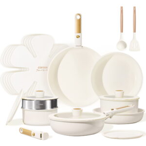 Carote 21 Pieces Pots and Pans Set with Detachable Handle, Ceramic Non Stick Non Toxic Kitchen Cookware Set with Induction, Oven/Dishwasher Safe, Granite White