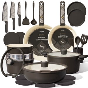CAROTE 33-Pieces Ceramic Cookware Set, Nonstick Pots and Pans with Detachable Handles and Lids, Induction Compatible, Diswasher Safe, Black