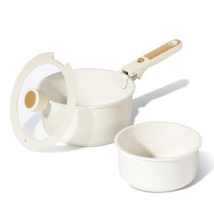 CAROTE 4 Piece Ceramic Detachable Sauce Pans Set, Non-Stick Cookware Set with Lid, Induction Compatible, Oven Safe, Dishwahser Safe, White
