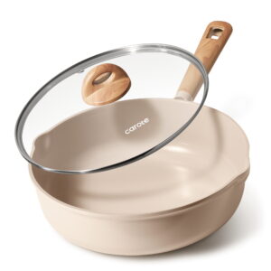 CAROTE 5 qt Non-Stick Ceramic Deep Frying Pan with Glass Lid, 11 inch Jumbo Skillet, Granite Cooking Pan, Induction Compatible Sauté Pan, Taupe