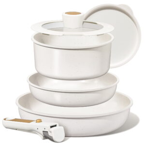 CAROTE 6 Piece Ceramic Detachable Pots and Pans Set, Non-Stick Cookware Set with Lid, Induction Compatible, Oven Safe, Dishwasher Safe, White