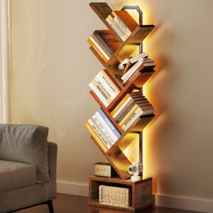 Casacomoda 6 Tier Tree Bookshelf, Bookcase with LED Lights, Display Floor Standing Storage Shelf, Book Organizer Shelves for Home Office, Living Room, Vintage