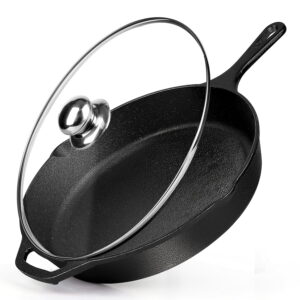 Cast Iron Skillet with Lid, AOKIWO 12" Pre-Seasoned Covered Frying Pan, Indoor/Outdoor Glass Cover Cookware Set for Grill, BBQ, Stovetop, Oven Safe