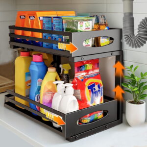 CATGOOD Under Sink Organizer, Multifunctional Pull-Out Under Sink Storage, 2-Tier Adjustable Waterproof Metal Storage Rack with Sliding Drawer for Kitchen and Bathroom, Black