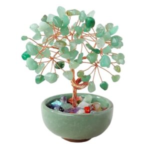 Chiorgone Green Aventurine Crystal Money Tree - Feng Shui Bonsai for Luck & Prosperity, Tabletop Decor for Home Office with Green Ceramic Pot