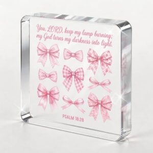 Christian Gifts Acrylic Wall Art Desk Decor, Coquette Pink Bow Office Desk Accessories Decor Sign for Office Bar Home Bedroom Living Room Table Shelf Decorations Bestie Gift 3.9 x 3.9 Inch