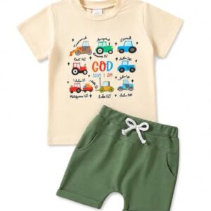 ChuYuKu Baby Boy Outfit Letter Print Truck Design Short Set | Construction Short Sleeve 2-Piece Set, Spring Summer Outfits