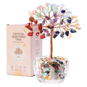 Ciuotla 7 Chakras Crystal Tree of Life, Healing Feng Shui Tree Decor | 5 Inch Bonsai Tree with Glass Base, Positive Energy, Money Tree, Home Office Desk Decor, Healing Crystal Gift for Women