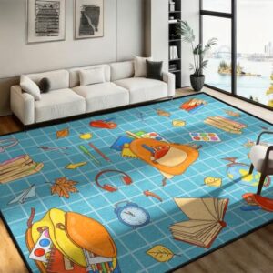 Classroom Area Rug 3x5ft Back to School Aesthetic Non Slip Floor Carpet | Durable Machine Washable Blue Music Art School Supplies Home Educational Decor Mat, Soft Cartoon Rugs for Living Room Bedroom