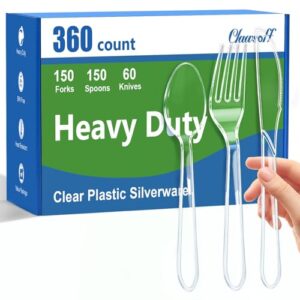 Clawsoff 360 Count Clear Plastic Silverware Set,Disposable Utensils Plastic | 150 Forks 150 Spoons 60 Knives, Heavy Duty BPA-free Heat Resistant, Ideal For Weddings Parties Events Catering Home