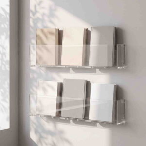Clear Acrylic Wall Mount Shelf 18 in Adhesive Storage Caddy, Narrow Transparent Floating Organizer Rack Accent for Bathroom Makeup Spice Nursery Books Display