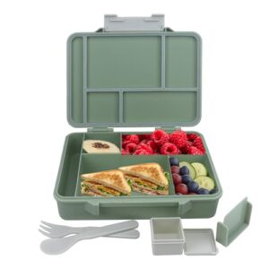 Clevakid Bento Maxi Lunch Box with Spoon, Fork & Sauce Container 5 No-Mix Compartments | Microwave & Dishwasher Safe | for Adults, Preschool & School 50 OZ (Green Olive)