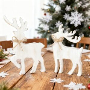 COCHIE Vintage Christmas Reindeer Decorations for Home, Office, Mantel, Tabletop, Party, Shelf, 2 Retro Farmhouse Reindeers Winter Holidays Table Centerpiece Decor, Wooden Xmas Decoration (Vintage)