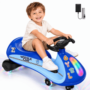 COFUNOK 12V Electric Wiggle Car for Kids Ages 3+, 2-in-1 Swing Ride-on Toy, Dual Motors, 2 Speeds up to 4 mph, LED Lights, Bluetooth, 150 lbs, Blue
