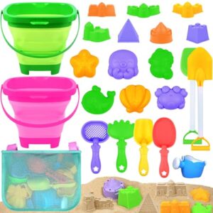 Collapsible Beach Sand Toys for Kids Toddlers with Sand Bucket, Marine Animal Molds, Castle Building Molds, Shovels, Storage Mesh Bag, Travel Sand Toys for Boys Girls (23PCS ( 2 Sand Buckets ))