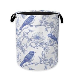 Collapsible Laundry Basket,Blue Birds Dirty Clothes Hamper,Spring Flower Hampers for Bedroom Waterproof Oxford Cloth Storage Organizer for Bathroom,Nursery,Dorm,16x20 Inch