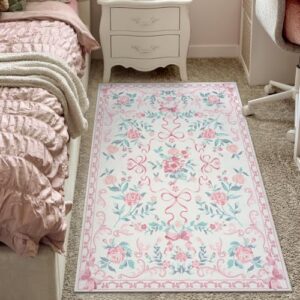 Collive 4x6 Pink Floral and Bow Washable Nursery Rug for Girls Bedroom | Soft Ultra-Thin Kids Dorm Room Area Rug, Non Slip Cute Carpet, Kawaii Mat for Entryway Playroom Living Room Hallway