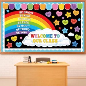 Colorful Rainbow Bulletin Board Decorations Welcome to Our Class Bulletin Board Set Rainbow Heart Star Paper Name Tag Cutouts for Back to School First Day of School Chalkboard Wall Door Decor