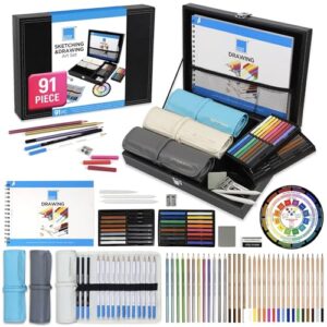 COLOUR BLOCK 91-Piece Sketching & Drawing Art Set with PU Carrying Case - Colored, Metallic, Charcoal, Pastel Pencils, Soft Pastels, Charcoal & Graphite Sticks, Sketchbook, Tools for Teens, Adults