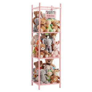 CONCETTA Stuff Toy Storage Organizer, Wooden Toy Holder Cage - Holds 40+ Plush Toys, Sturdy Wood & Steel Screw Construction for Toddler Room, Playroom, Bedroom, Pink