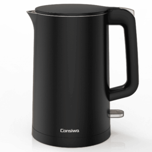 Consiwa Electric Kettle, Double Wall 1.7L Stainless Steel Cool Touch, Water Boiler & Heater, 1500W Hot Tea Pot, Black