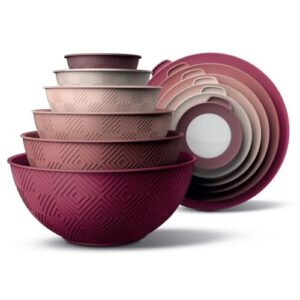 COOK WITH COLOR Mixing Bowls with Lids - 12 Piece Plastic Nesting Bowls Set includes 6 Prep Bowls and 6 Lids, Microwave Safe Mixing Bowl Set, Rose Rhombus