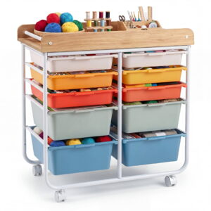 Costway 10-Drawer Rolling Art & Craft Storage Cart with Wooden Tabletop, Lockable Wheels, Metal Frame & Handles Natural + Macaron