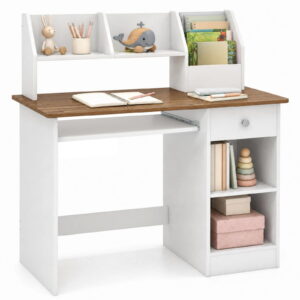 Costway Kids Study Desk, Wooden Writing Table with Keyboard Tray & Drawer,Side Bookshelf Natural