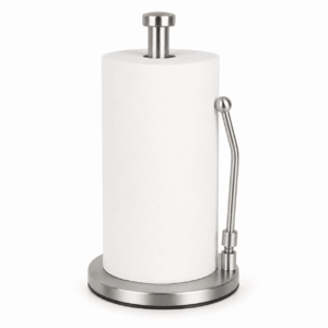 Countertop Paper Towel Holder, Stainless Steel Standing Paper Towel Roll Holder with Weighted Base, Non-Slip Bottom and Easy-Tear Spring Arm for Kitchen, Bathroom, RV, Silver
