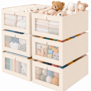 Criusia 6 Pack Foldable Linen Storage Bins, Fabric Closet Organizer Bins for Shelves, Clothes, Toys and Blankets, Beige