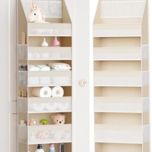 Criusia Over the Door Organizer, 6-Shelf Closet Hanging Storage with 13 Mesh Pockets, 55lbs Capacity Behind the Door Storage for Baby Nursery, Bathroom, Bedroom, and Dorm, Beige
