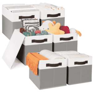 Criusia Storage Bins with Lids, 6 Pack Fabric Storage Cubes for Shelves, Collapsible Closet Organization and Storage Bins with Handles for Clothes, Toys, Towels & Linen, Grey