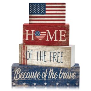 CroBlissful 4 Pcs Veterans Day Patriotic Decorations, Red White Blue Sign | Memorial, Labor Day, 4th of July Tiered Tray Decor, Tabletop Centerpiece, Office Shelf Decor, Farmhouse Home Accent, Desk