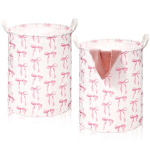 CroBlissful Pink Bow Coquette Laundry Basket Bow Nursery Laundry Basket Hamper Waterproof Collapsible Storage Bin Organizer for Bedroom Bathroom Room Dorm Clothes Toys