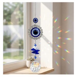 Crystal Suncatcher for Windows - Hanging Prism Sun Catchers with Crystal Balls&Blue Eye, Rainbow Maker for Home、 Garden、Car Decor (Round Eyes)