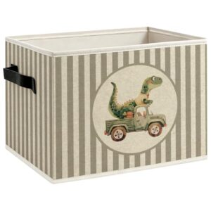 CUANFDDSF Dinosaur Car Boy Nursery Foldable Storage Bins Box with Handles | Dinosaur Dino Driving Car Neutral Striped Decorative Storage Boxes Baskets Organizer for Kids Room Bedroom Bathroom