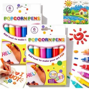 cuoct 12PCS Popcorn Pens, Bubble Puffy Pens 3D Art Kit Safe Puffy Pen with 6 Colors DIY Bubble Popcorn Drawing for Greeting Birthday Cards, School Projects