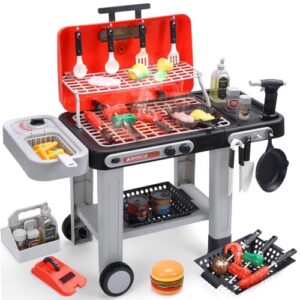 CUTE STONE Kids BBQ Grill Toys, Color Changing Play Food, Sizzling Sound & Light Effects, Cool Mist Spray, Pretend Cooking with Frying & Grilling, 2-Tier BBQ on Wheels - Kitchen Toy, Birthday Gift