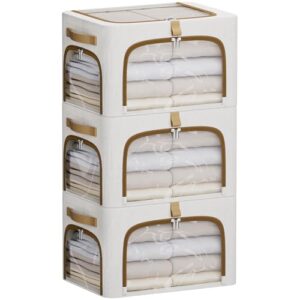 CYhom Storage Bins with Metal Frame, 3-Clear Windows Openings, 34L, White | 3 Pack Stackable Foldable Storage Bins for Clothes Blankets Sheets Sweaters Seasonal Clothing